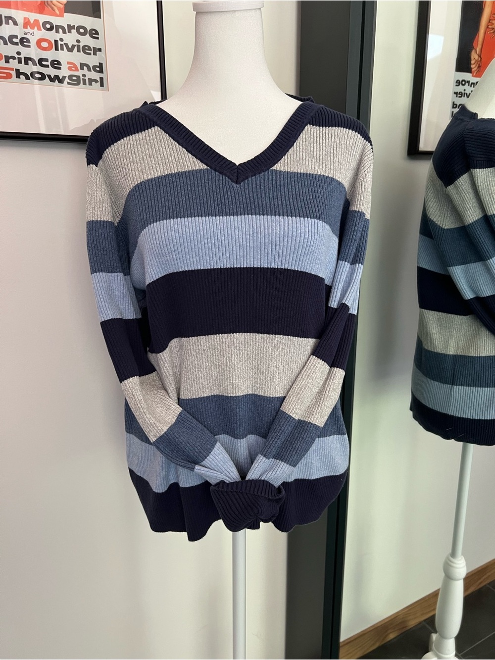 Karen Scott 100% Cotton Ribbed V-Neck Striped Sweater Fitted XL